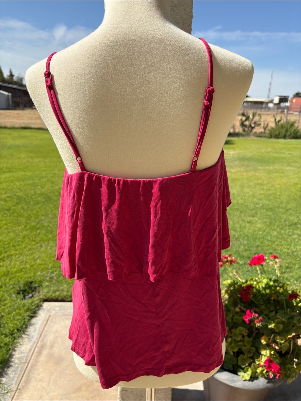 Women’s Raspberry Pink Spaghetti Strap Ruffle Tank Top - Picture 4 of 8
